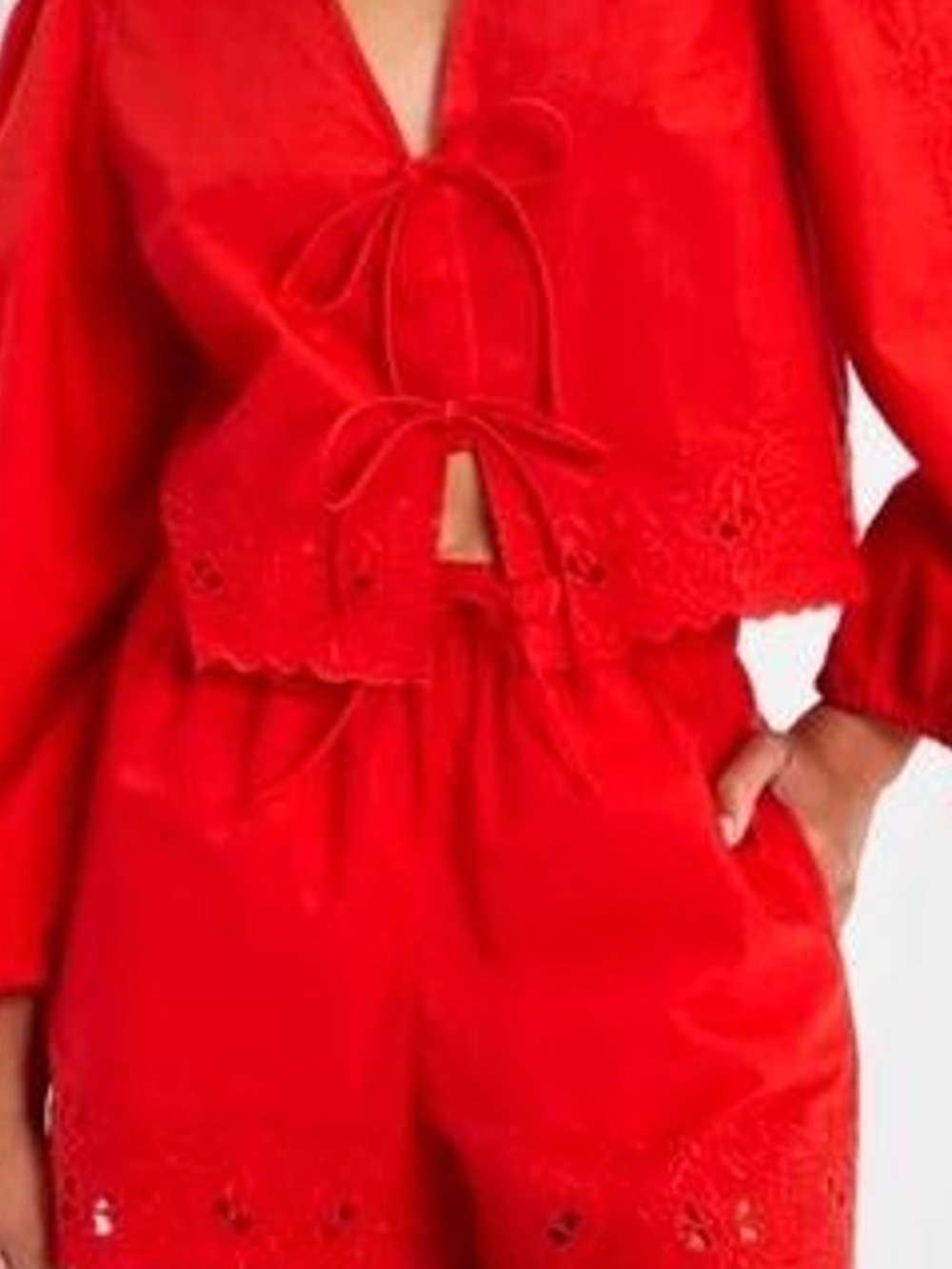 Future Collective long-sleeve eyelet tie-front poplin blouse